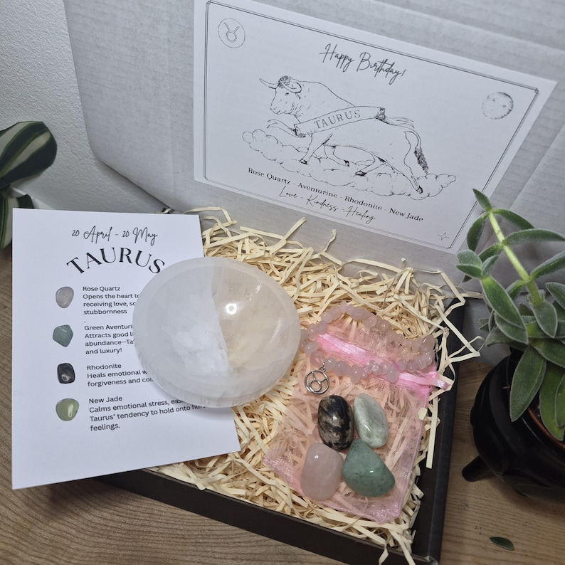 Zodiac Birthstone Gemstone Kit, Crystal Gift Set, Birthstone Bracelet with Tumbled Stones & Selenite Bowl, Astrology Self Care Kit. image 12