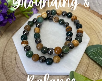 Jordning och balans, pärlarmband med bildjaspis, hematit och mossagat på 8 mm