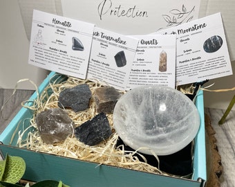 Little box of Protection Charging Kit - Selenite Bowl or Plate & Raw Stones Gift Set