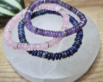 Minimalist Gemstone Disc Bead Bracelet – Amethyst, Rose Quartz or Lapis Lazuli – Silver Accent Beaded Bracelet