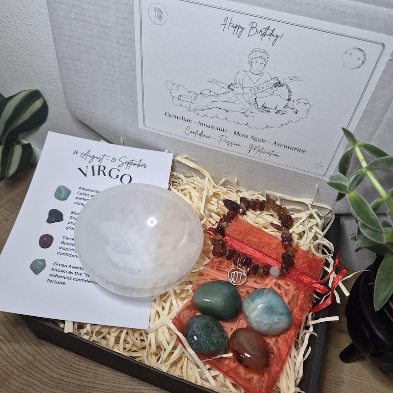 Zodiac Birthstone Gemstone Kit, Crystal Gift Set, Birthstone Bracelet with Tumbled Stones & Selenite Bowl, Astrology Self Care Kit. image 14