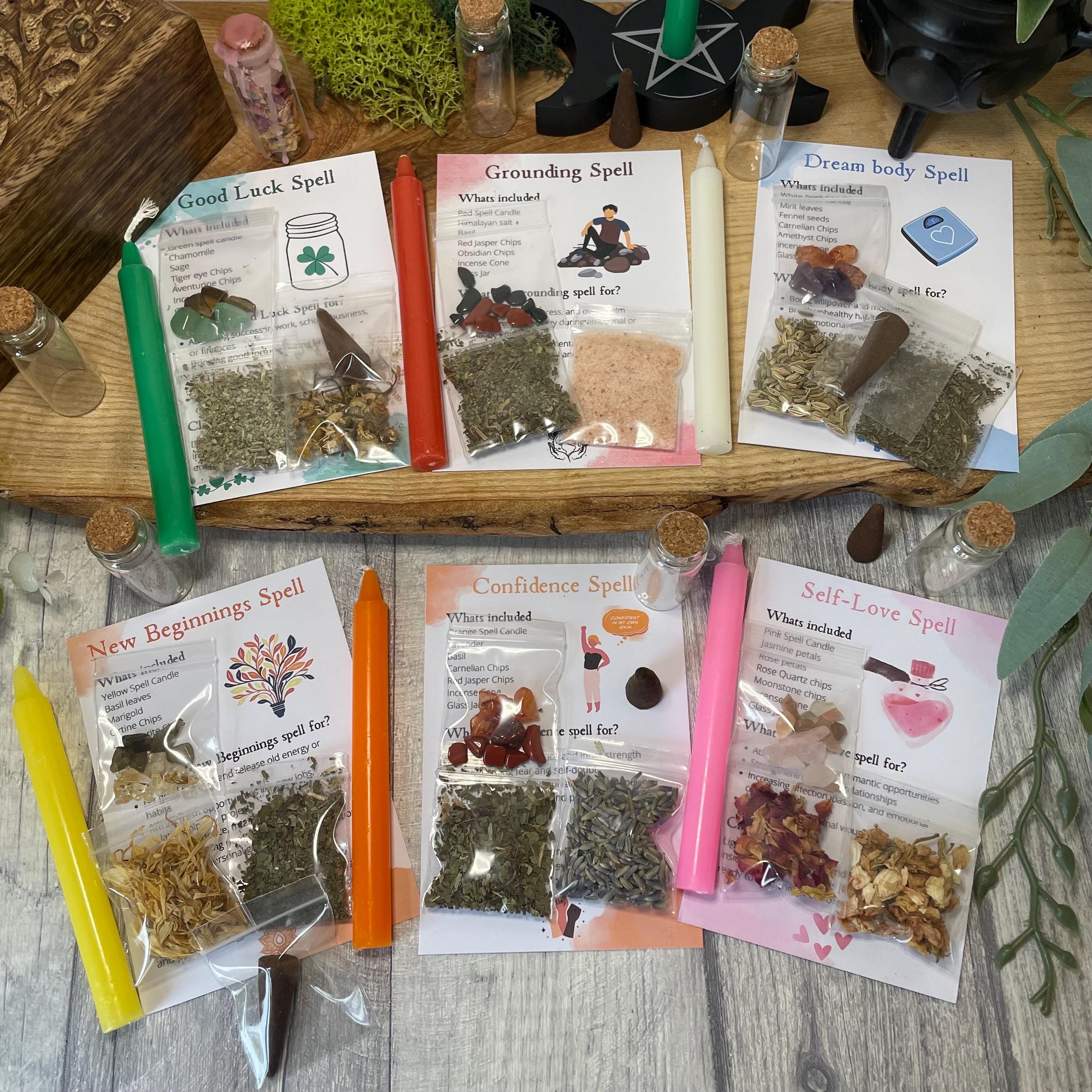 Spell Kit Jar with Gemstones Witch Beginners Gift Set - Grounding - Confidence - Dream body - Good Luck - New Beginnings - Self Love Spell