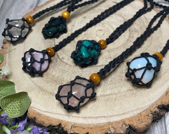 Choose your stone hemp Macrame wrapped pendant necklace