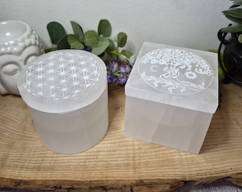 Selenite Box Engraved For Charging Crystals & Clarity 80mm