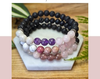 Gemstone & Lava Stone Bracelet – Rose Quartz, Amethyst, Rhodonite, Strawberry Quartz | Aromatherapy Lava Bead Bracelet