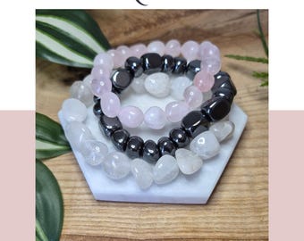 Gemstone Tumbled Bead Bracelet – Choose Rose Quartz, Clear Quartz or Hematite | Crystal Stretch Bracelet | Healing Crystal Jewellery