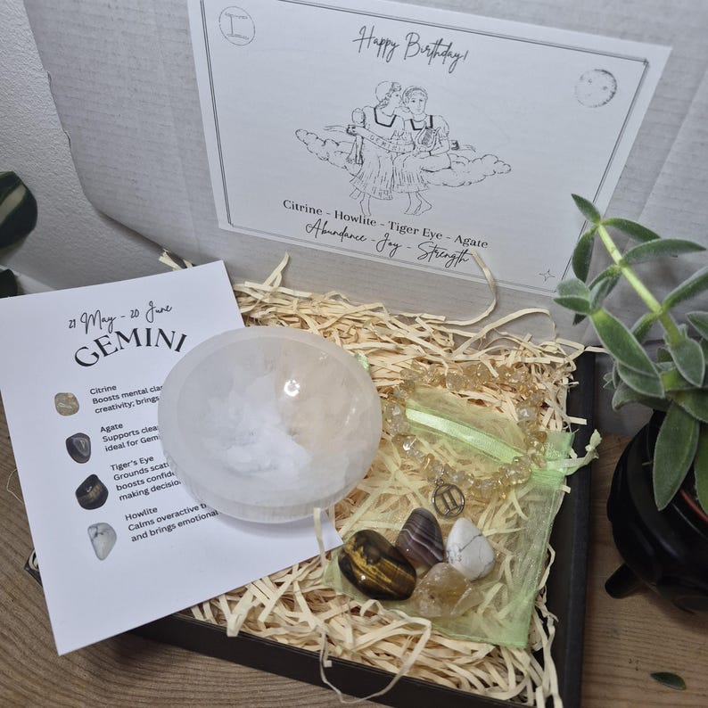 Zodiac Birthstone Gemstone Kit, Crystal Gift Set, Birthstone Bracelet with Tumbled Stones & Selenite Bowl, Astrology Self Care Kit. image 10