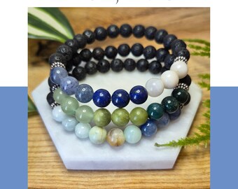 Gemstone & Lava Stone Bracelet – Blue Aventurine, Lapis Lazuli, Amazonite, Aquamarine | Aromatherapy Bracelet