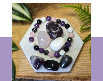 Mindful Moments Bracelet & Tumbled Stone Set – Peace and Protection – Amethyst, Rose Quartz, Howlite, Hematite, Lepidolite and Obsidian
