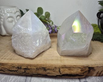 Raw Quartz  Angel Aura with Polished Point | Natural Cluster | Angel Aura Crystal | Healing Stone | Meditation & Home Decor Gift