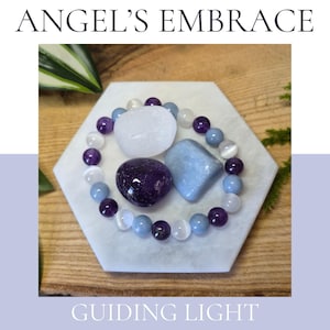 Ängelomfamningsarmband och tumlade stenar – Vägledande ljus – Angelit, Selenit och Ametist – Spirituella och helande smycken bild 1