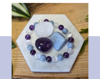 Angel Embrace Bracelet & Tumbled Stone Set – Guiding Light – Angelite, Selenite and Amethyst – Spiritual and Healing Jewellery