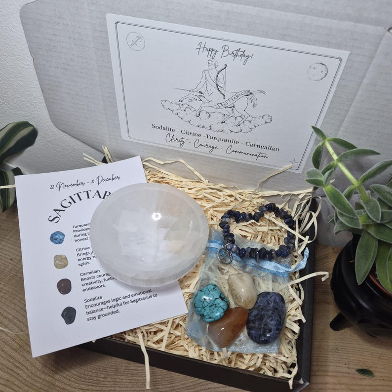 Zodiac Birthstone Gemstone Kit, Crystal Gift Set, Birthstone Bracelet with Tumbled Stones & Selenite Bowl, Astrology Self Care Kit. image 8