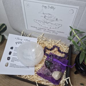 Zodiac Birthstone Gemstone Kit, Crystal Gift Set, Birthstone Bracelet with Tumbled Stones & Selenite Bowl, Astrology Self Care Kit. image 15