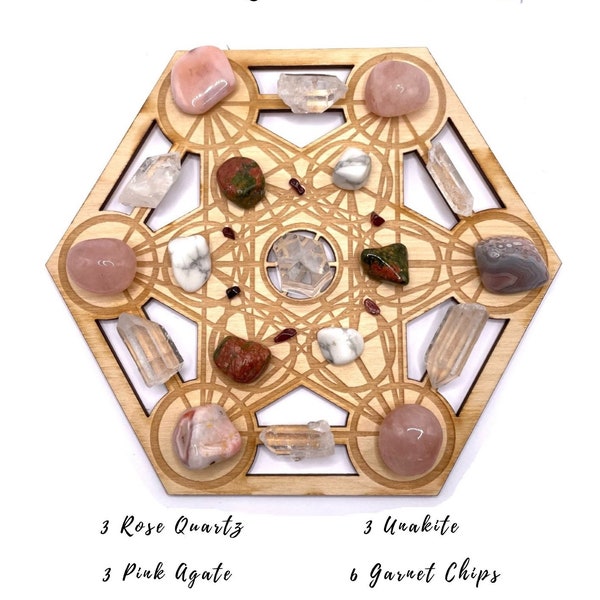Love Crystal Grid kit Rose quartz- Pink Agate- Unakite - Howlite - Garnet -Quartz Points Large