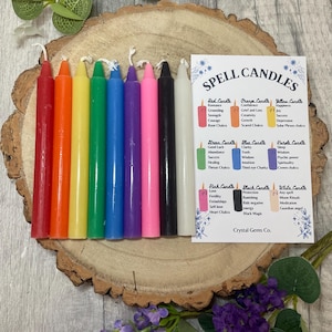 Könnte beinhalten: Ein Set mit 10 Zauberkerzen in verschiedenen Farben, darunter Rot, Orange, Gelb, Grün, Blau, Lila, Rosa, Schwarz und Weiß. Die Kerzen sind in einer Reihe auf einer Holzoberfläche angeordnet. Eine Karte mit dem Text "SPELL CANDLES" und Beschreibungen der einzelnen Kerzenfarben ist im Hintergrund sichtbar.