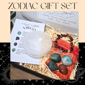 Zodiac Birthstone Gemstone Kit, Crystal Gift Set, Birthstone Bracelet with Tumbled Stones & Selenite Bowl, Astrology Self Care Kit. image 1