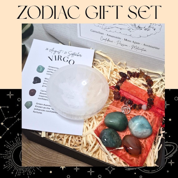 Zodiac Birthstone Gemstone Kit, Crystal Gift Set, Birthstone Bracelet with Tumbled Stones & Selenite Bowl, Astrology Self Care Kit.