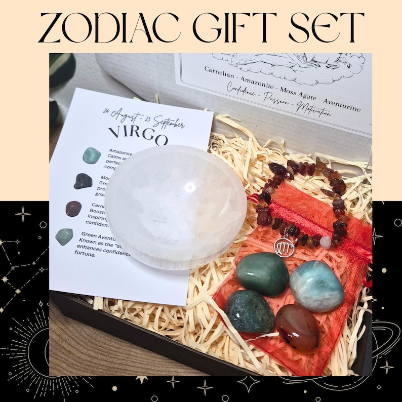 Zodiac Birthstone Gemstone Kit, Crystal Gift Set, Birthstone Bracelet with Tumbled Stones & Selenite Bowl, Astrology Self Care Kit. image 1