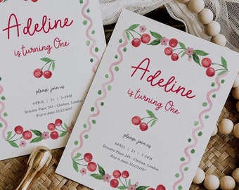Cherry Birthday Invitation, Cherry Sweet Birthday Party invitation Template, Girl Cherry First Birthday Invitation, Cherry Birthday Party
