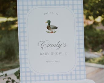 Duck Baby Shower Welcome Sign, Blue Gingham Mallard Duck Baby Shower Sign, Duck Hunting Poster Board, Canva Template MD1