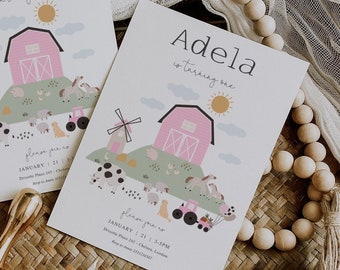 Girl Farm Birthday Invitation Template, Pink Barn Birthday Invitation, Farm Animals Birthday Invitation, Pink Farm Barnyard Themed Party F24