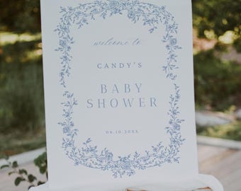 Toile Baby Shower Welcome Sign, Vintage Chinoiserie Baby Shower Welcome Sign Template, Baby Shower Boy, Canva Editable Template TJ1