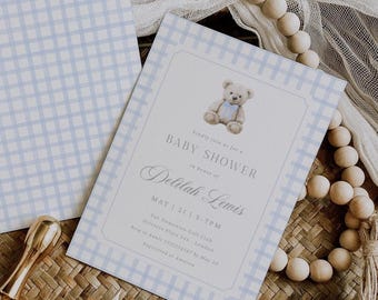 Teddy Bear Baby Shower Invitation, We Can Bearly Wait Baby Shower Invitation, Blue Gingham Baby Shower Invitation, Canva Template BW11