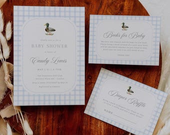 Duck Baby Shower Invitation Set, Blue Gingham Mallard Duck Baby Shower Invitation, Duck Hunting Invitation, Canva Template MD1