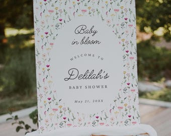 Baby in Bloom Welcome Sign, Floral Garden Baby Shower Welcome Sign, Wildflower Baby Shower Welcome Sign, Canva Template BB1