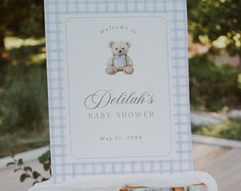 Teddy Bear Baby Shower Welcome Sign,  We Can Bearly Wait Baby Shower Poster Board, Gingham Baby Shower Welcome Sign, Canva Template BW1