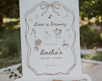 Love is Brewing Bridal Shower Welcome Sign, Coffee Bridal Shower Sign, Espresso Bridal Shower Board, Canva Template CF1B