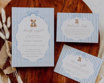 Teddy Bear Baby Shower Invitation, We Can Bearly Wait Baby Shower Invitation, Blue Striped Baby Shower Bundle, Canva Template TB3