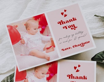 Valentine's Party Photo Thank You Card Template, Valentine's Party Photo Birthday Thank Card, Editable Birthday Party Thank you card 4X6, V1