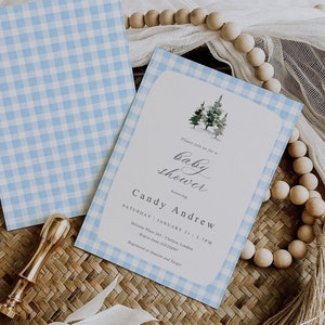 Pine Tree Baby Shower Invitation, Gingham Baby Shower Invitation Template, Winter Forest Baby Shower Invitation, Blue Buffalo Check Invite