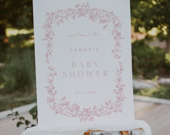 Vintage Chinoiserie Baby Shower Welcome Sign, Toile Baby Shower Welcome Sign, Pink Toile Baby Shower Sign, Canva Template TJ2