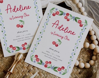 Cherry Birthday Invitation, Cherry Sweet Birthday Party invitation Template, Girl Cherry First Birthday Invitation, Cherry Birthday Party