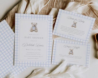 Teddy Bear Baby Shower Invitation Set, We Can Bearly Wait Baby Shower Invite, Blue Gingham Baby Shower Bundle, Canva Template BW11