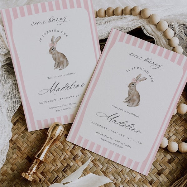 Some Bunny is Turning One Birthday Invitation, Bunny  Birthday Invitation Template, Pink Striped Birthday Invitation, Bunny 1st Birthday, B7
