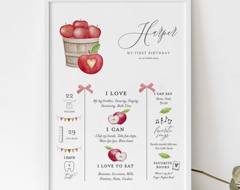 Apple First Birthday Milestone Poster Board Template, Apple Fall Printable Editable Birthday Milestone stats Sign, INSTANT DOWNLOAD AB20