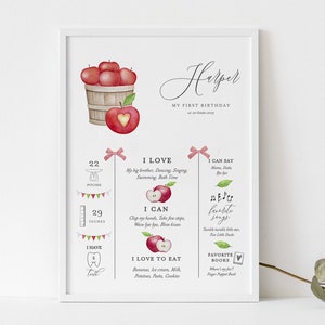 Vorlage für ein Meilenstein-Poster zum ersten Geburtstag mit Apfelmotiv, druckbares und bearbeitbares Schild mit Meilenstein-Statistiken zum Thema Apfel im Herbst, SOFORT-DOWNLOAD AB20
