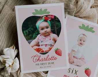 Strawberry First Birthday Monthly Photo Banner, Editable Baby's First Year Photo Banner, Strawberry 1st Birthday Photo Banner Printable ST22