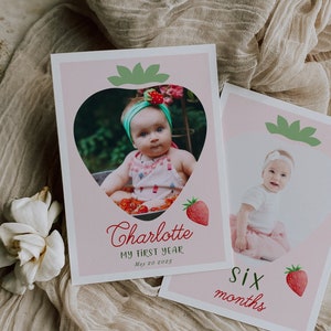 Strawberry First Birthday Monthly Photo Banner, Editable Baby's First Year Photo Banner, Strawberry 1st Birthday Photo Banner Printable ST22