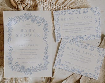 Blue Toile Baby Shower Invitation and Cards Vintage Chinoiserie (Canva Template) TJ1
