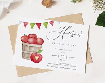 Fall Apple Birthday Invitation Template, Fall Birthday Party invitation, Apple of Our Eye First Birthday Invitation, INSTANT DOWNLOAD AB20