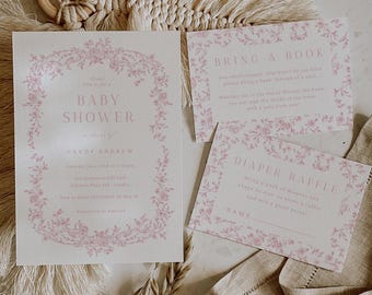 Pink Chinoiserie Baby Shower Invitation, Vintage Floral Toile Baby Shower Set, Pink Toile Baby Shower Bundle, Editable Canva Template TJ2