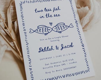 Two Less Fish in The Sea Bridal Shower Invitation, Fishing Couples Wedding Shower, There's Two Less Fish in the Sea, Canva Template F22