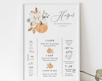 Fall Pumpkin First Birthday Milestone Poster Board Template, Printable Editable Birthday Milestone stats Welcome sign, INSTANT DOWNLOAD PK19