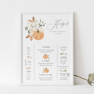 Plantilla de tablero de cartel de hito de primer cumpleaños de calabaza de otoño, estadísticas de hito de cumpleaños editables imprimibles Signo de bienvenida, DESCARGA INSTANTE PK19