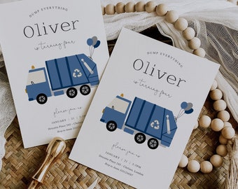 Blue Garbage Truck Birthday Invitation, Trash Bash Birthday Invitation, Blue Garbage Truck Birthday, Dump Everything, Garbage Party, GB1B